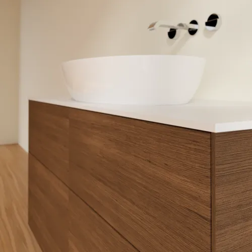 Bild von VILLEROY BOCH Finion Waschbeckenunterschrank, 4 Auszüge, 1200 x 603 x 501 mm, Walnut Veneer / Glass White Matt #FA3100GN