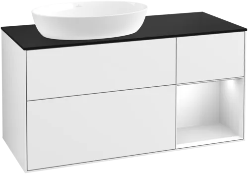 Зображення з  VILLEROY BOCH Finion Vanity unit, with lighting, 3 pull-out compartments, 1200 x 603 x 501 mm, Glossy White Lacquer / White Matt Lacquer / Glass Black Matt #FA52MTGF