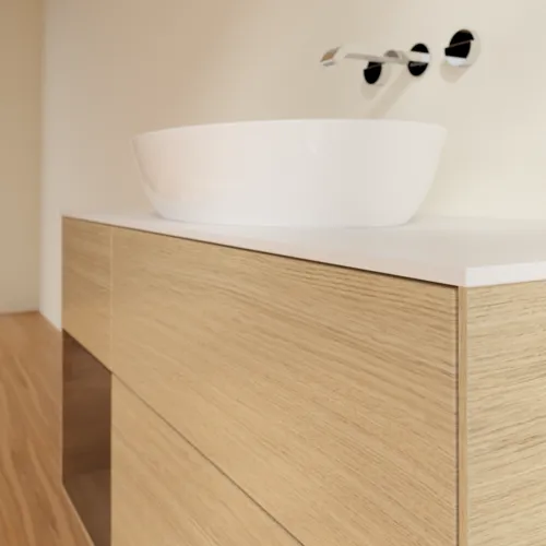 Bild von VILLEROY BOCH Finion Waschbeckenunterschrank, mit Beleuchtung, 3 Auszüge, 1200 x 603 x 501 mm, Oak Veneer / Walnut Veneer / Glass White Matt #FA61GNPC