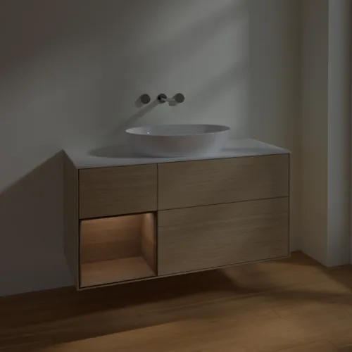 Bild von VILLEROY BOCH Finion Waschbeckenunterschrank, mit Beleuchtung, 3 Auszüge, 1200 x 603 x 501 mm, Oak Veneer / Walnut Veneer / Glass White Matt #FA61GNPC
