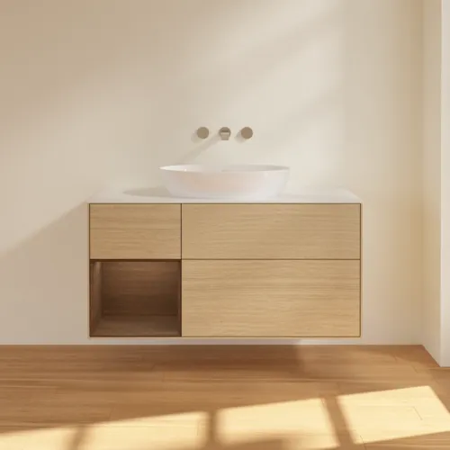 Bild von VILLEROY BOCH Finion Waschbeckenunterschrank, mit Beleuchtung, 3 Auszüge, 1200 x 603 x 501 mm, Oak Veneer / Walnut Veneer / Glass White Matt #FA61GNPC