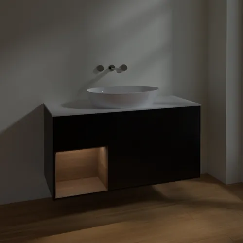 Bild von VILLEROY BOCH Finion Waschbeckenunterschrank, mit Beleuchtung, 3 Auszüge, 1200 x 603 x 501 mm, Black Matt Lacquer / Walnut Veneer / Glass White Matt #FA61GNPD