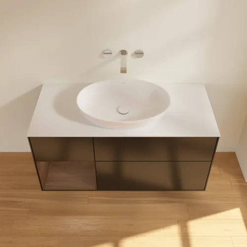 Bild von VILLEROY BOCH Finion Waschbeckenunterschrank, mit Beleuchtung, 3 Auszüge, 1200 x 603 x 501 mm, Black Matt Lacquer / Walnut Veneer / Glass White Matt #FA61GNPD