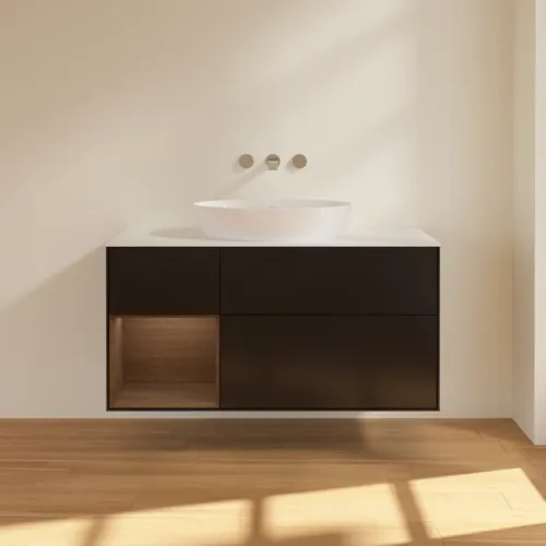 Bild von VILLEROY BOCH Finion Waschbeckenunterschrank, mit Beleuchtung, 3 Auszüge, 1200 x 603 x 501 mm, Black Matt Lacquer / Walnut Veneer / Glass White Matt #FA61GNPD