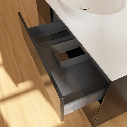 Bild von VILLEROY BOCH Finion Waschbeckenunterschrank, mit Beleuchtung, 3 Auszüge, 1200 x 603 x 501 mm, Black Matt Lacquer / Walnut Veneer / Glass White Matt #FA61GNPD