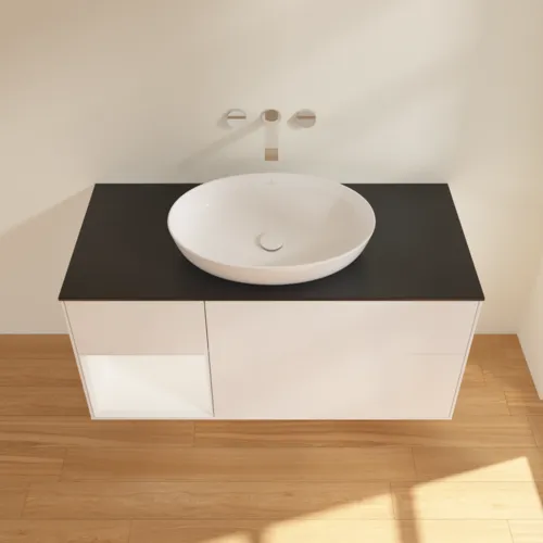 VILLEROY BOCH Finion Waschbeckenunterschrank, mit Beleuchtung, 3 Auszüge, 1200 x 603 x 501 mm, White Matt Lacquer / White Matt Lacquer / Glass Black Matt #FA62MTMT, Bild 4