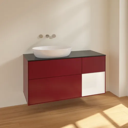 Bild von VILLEROY BOCH Finion Waschbeckenunterschrank, mit Beleuchtung, 3 Auszüge, 1200 x 603 x 501 mm, Peony Matt Lacquer / White Matt Lacquer / Glass Black Matt #FA52MTHB