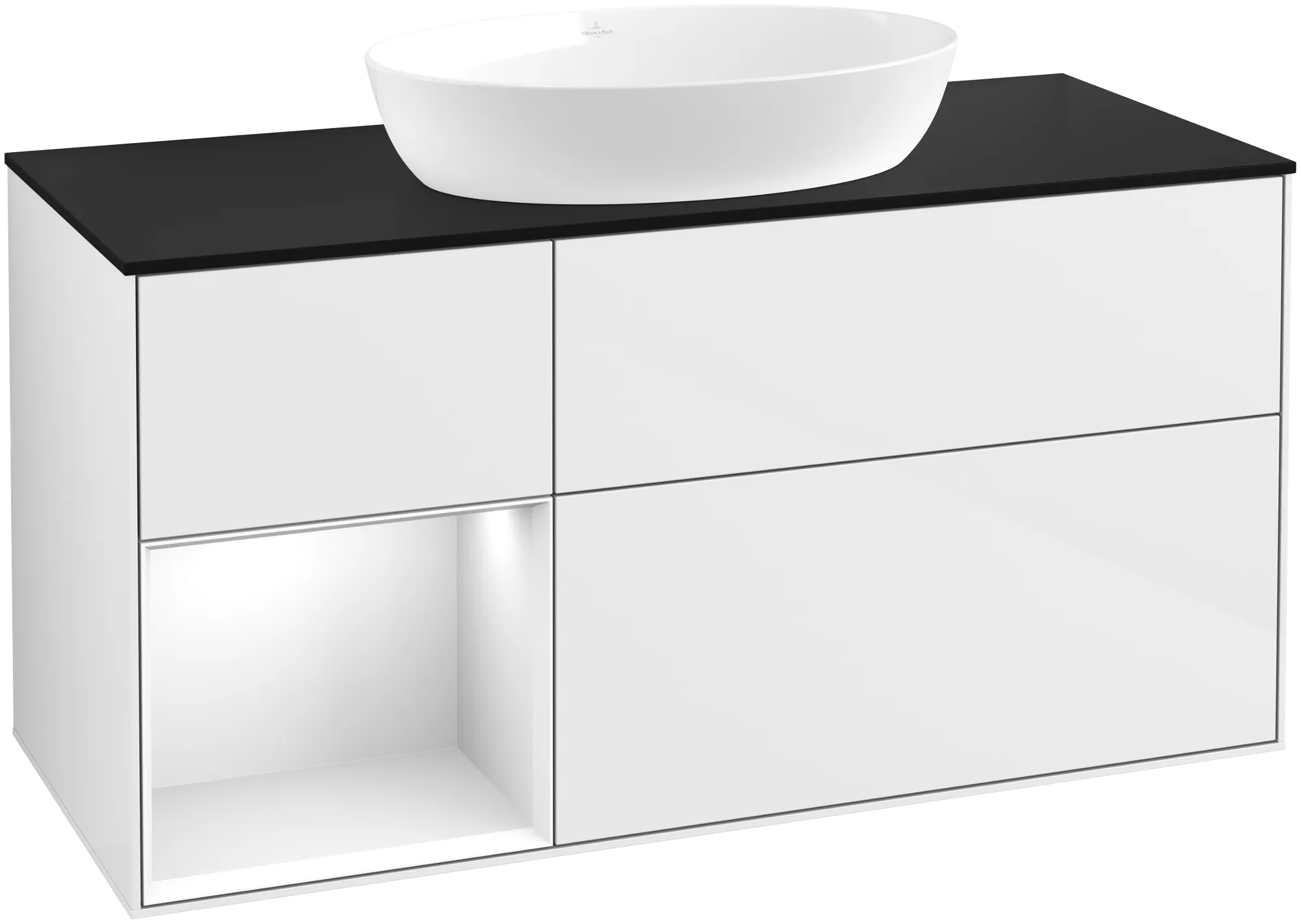 VILLEROY BOCH Finion Vanity unit, with lighting, 3 pull-out compartments, 1200 x 603 x 501 mm, Glossy White Lacquer / Glossy White Lacquer / Glass Black Matt #FA62GFGF resmi