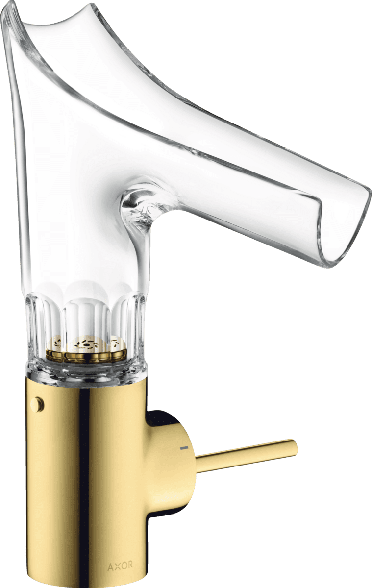 Зображення з  HANSGROHE AXOR Starck V Single lever basin mixer 140 with glass spout and waste set - bevel cut #12123990 - Polished Gold Optic