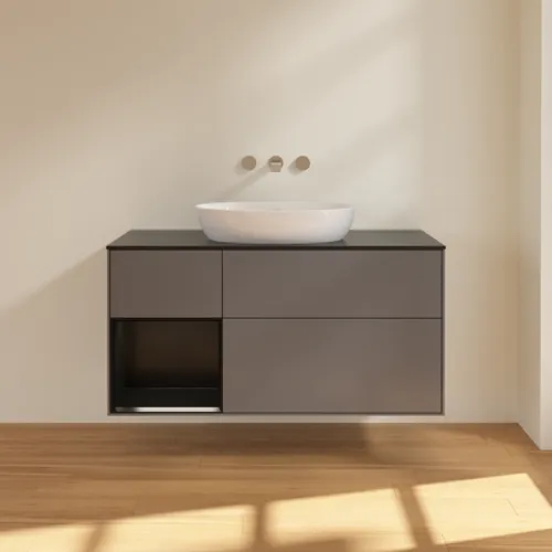 Bild von VILLEROY BOCH Finion Waschbeckenunterschrank, mit Beleuchtung, 3 Auszüge, 1200 x 603 x 501 mm, Anthracite Matt Lacquer / Black Matt Lacquer / Glass Black Matt #FA62PDGK