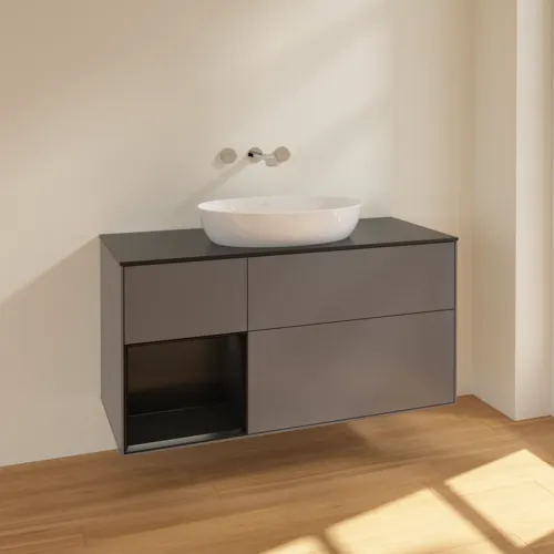 Bild von VILLEROY BOCH Finion Waschbeckenunterschrank, mit Beleuchtung, 3 Auszüge, 1200 x 603 x 501 mm, Anthracite Matt Lacquer / Black Matt Lacquer / Glass Black Matt #FA62PDGK