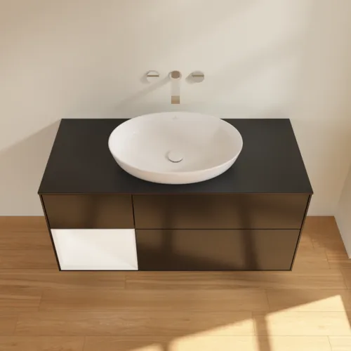 Bild von VILLEROY BOCH Finion Waschbeckenunterschrank, mit Beleuchtung, 3 Auszüge, 1200 x 603 x 501 mm, Black Matt Lacquer / White Matt Lacquer / Glass Black Matt #FA62MTPD