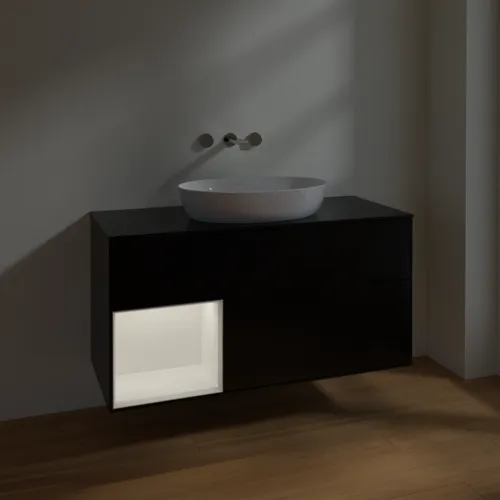Bild von VILLEROY BOCH Finion Waschbeckenunterschrank, mit Beleuchtung, 3 Auszüge, 1200 x 603 x 501 mm, Black Matt Lacquer / White Matt Lacquer / Glass Black Matt #FA62MTPD