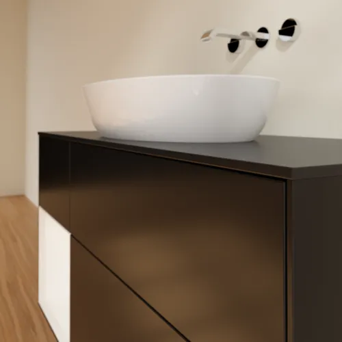 Bild von VILLEROY BOCH Finion Waschbeckenunterschrank, mit Beleuchtung, 3 Auszüge, 1200 x 603 x 501 mm, Black Matt Lacquer / White Matt Lacquer / Glass Black Matt #FA62MTPD