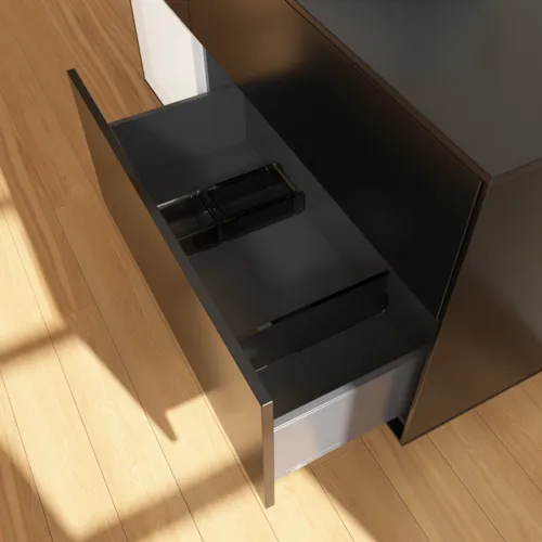 Bild von VILLEROY BOCH Finion Waschbeckenunterschrank, mit Beleuchtung, 3 Auszüge, 1200 x 603 x 501 mm, Black Matt Lacquer / White Matt Lacquer / Glass Black Matt #FA62MTPD