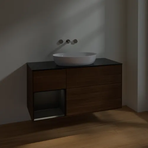 Bild von VILLEROY BOCH Finion Waschbeckenunterschrank, mit Beleuchtung, 3 Auszüge, 1200 x 603 x 501 mm, Walnut Veneer / Black Matt Lacquer / Glass Black Matt #FA62PDGN