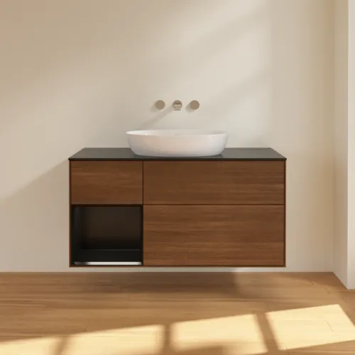 Bild von VILLEROY BOCH Finion Waschbeckenunterschrank, mit Beleuchtung, 3 Auszüge, 1200 x 603 x 501 mm, Walnut Veneer / Black Matt Lacquer / Glass Black Matt #FA62PDGN