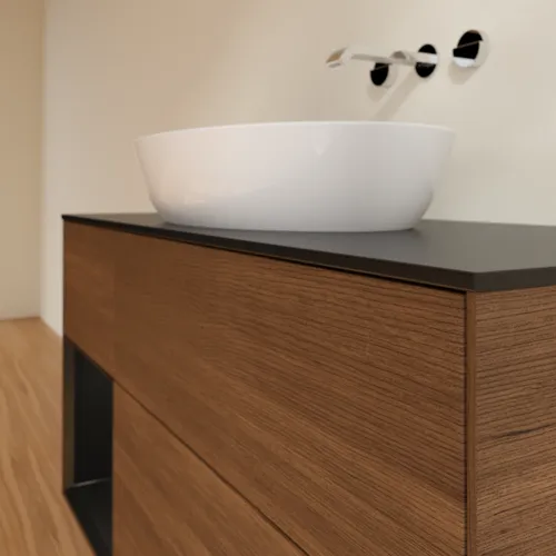 Bild von VILLEROY BOCH Finion Waschbeckenunterschrank, mit Beleuchtung, 3 Auszüge, 1200 x 603 x 501 mm, Walnut Veneer / Black Matt Lacquer / Glass Black Matt #FA62PDGN