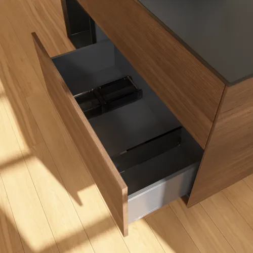 Bild von VILLEROY BOCH Finion Waschbeckenunterschrank, mit Beleuchtung, 3 Auszüge, 1200 x 603 x 501 mm, Walnut Veneer / Black Matt Lacquer / Glass Black Matt #FA62PDGN