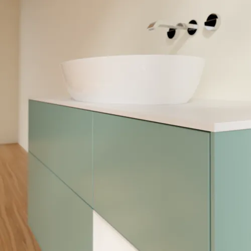 Bild von VILLEROY BOCH Finion Waschbeckenunterschrank, mit Beleuchtung, 3 Auszüge, 1200 x 603 x 501 mm, Olive Matt Lacquer / Glossy White Lacquer / Glass White Matt #FA71GFGM