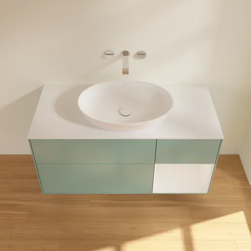 Bild von VILLEROY BOCH Finion Waschbeckenunterschrank, mit Beleuchtung, 3 Auszüge, 1200 x 603 x 501 mm, Olive Matt Lacquer / Glossy White Lacquer / Glass White Matt #FA71GFGM