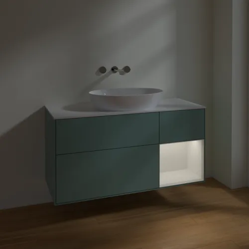 Bild von VILLEROY BOCH Finion Waschbeckenunterschrank, mit Beleuchtung, 3 Auszüge, 1200 x 603 x 501 mm, Olive Matt Lacquer / Glossy White Lacquer / Glass White Matt #FA71GFGM