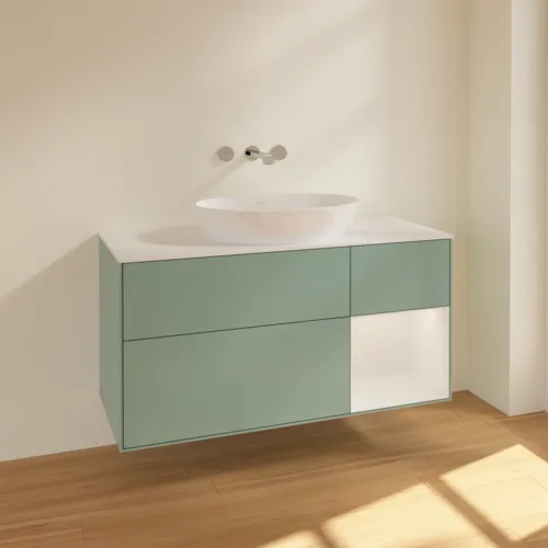 Bild von VILLEROY BOCH Finion Waschbeckenunterschrank, mit Beleuchtung, 3 Auszüge, 1200 x 603 x 501 mm, Olive Matt Lacquer / Glossy White Lacquer / Glass White Matt #FA71GFGM