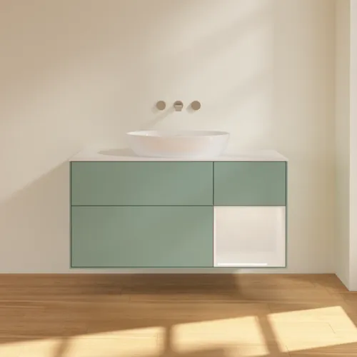Bild von VILLEROY BOCH Finion Waschbeckenunterschrank, mit Beleuchtung, 3 Auszüge, 1200 x 603 x 501 mm, Olive Matt Lacquer / Glossy White Lacquer / Glass White Matt #FA71GFGM