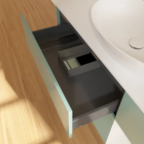 Bild von VILLEROY BOCH Finion Waschbeckenunterschrank, mit Beleuchtung, 3 Auszüge, 1200 x 603 x 501 mm, Olive Matt Lacquer / Glossy White Lacquer / Glass White Matt #FA71GFGM