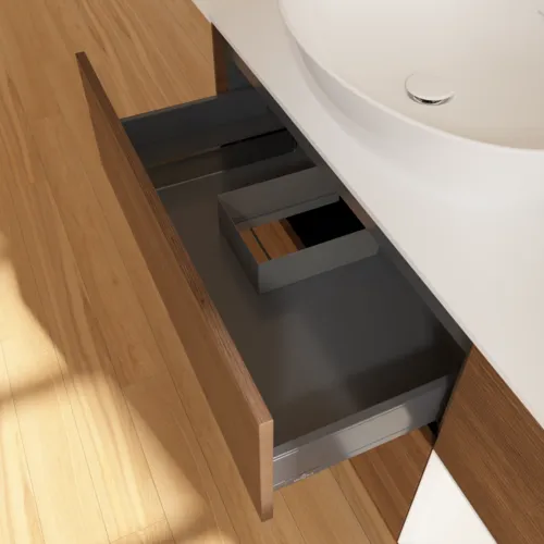Bild von VILLEROY BOCH Finion Waschbeckenunterschrank, mit Beleuchtung, 3 Auszüge, 1200 x 603 x 501 mm, Walnut Veneer / White Matt Lacquer / Glass White Matt #FA51MTGN