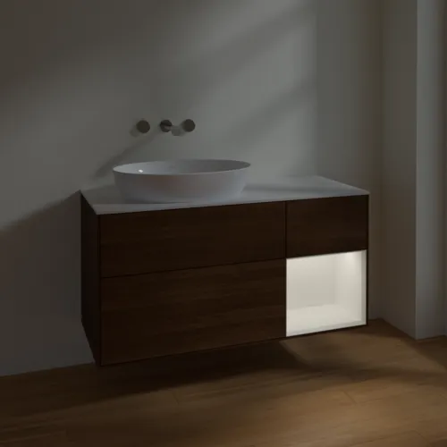 Bild von VILLEROY BOCH Finion Waschbeckenunterschrank, mit Beleuchtung, 3 Auszüge, 1200 x 603 x 501 mm, Walnut Veneer / White Matt Lacquer / Glass White Matt #FA51MTGN