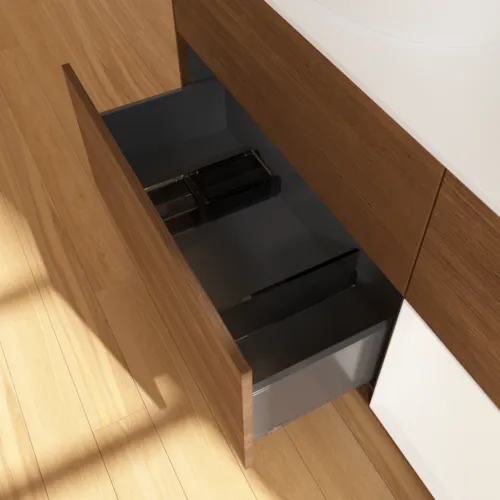Bild von VILLEROY BOCH Finion Waschbeckenunterschrank, mit Beleuchtung, 3 Auszüge, 1200 x 603 x 501 mm, Walnut Veneer / White Matt Lacquer / Glass White Matt #FA51MTGN