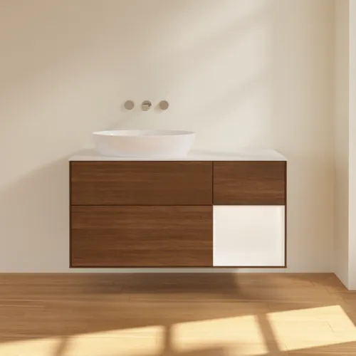 Bild von VILLEROY BOCH Finion Waschbeckenunterschrank, mit Beleuchtung, 3 Auszüge, 1200 x 603 x 501 mm, Walnut Veneer / White Matt Lacquer / Glass White Matt #FA51MTGN