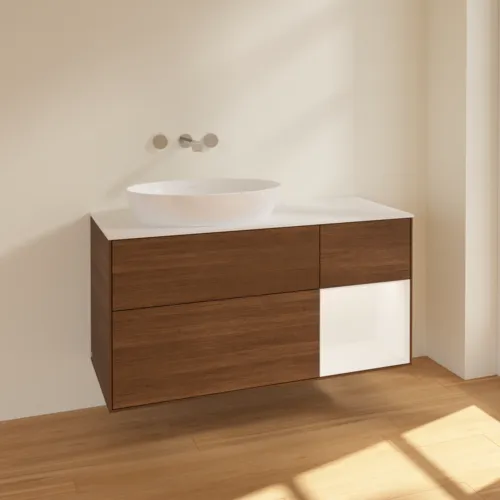 Bild von VILLEROY BOCH Finion Waschbeckenunterschrank, mit Beleuchtung, 3 Auszüge, 1200 x 603 x 501 mm, Walnut Veneer / White Matt Lacquer / Glass White Matt #FA51MTGN