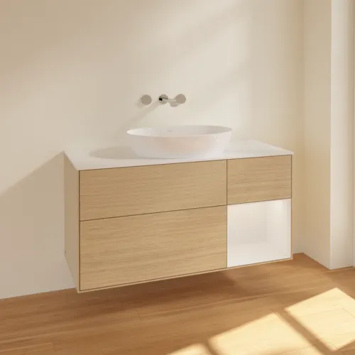 Bild von VILLEROY BOCH Finion Waschbeckenunterschrank, mit Beleuchtung, 3 Auszüge, 1200 x 603 x 501 mm, Oak Veneer / Glossy White Lacquer / Glass White Matt #FA71GFPC