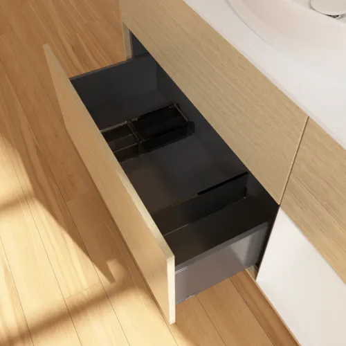 Bild von VILLEROY BOCH Finion Waschbeckenunterschrank, mit Beleuchtung, 3 Auszüge, 1200 x 603 x 501 mm, Oak Veneer / Glossy White Lacquer / Glass White Matt #FA71GFPC