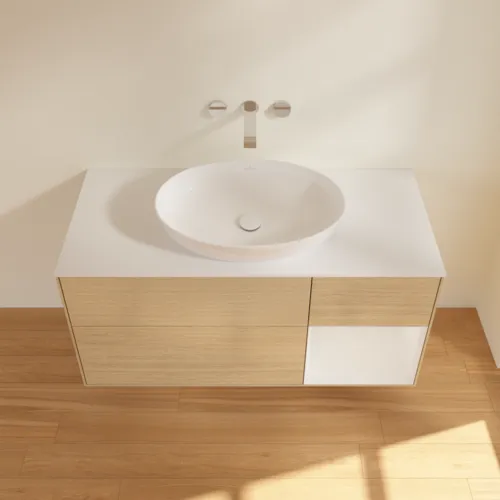 Bild von VILLEROY BOCH Finion Waschbeckenunterschrank, mit Beleuchtung, 3 Auszüge, 1200 x 603 x 501 mm, Oak Veneer / Glossy White Lacquer / Glass White Matt #FA71GFPC