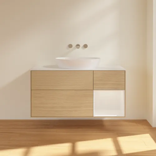 Bild von VILLEROY BOCH Finion Waschbeckenunterschrank, mit Beleuchtung, 3 Auszüge, 1200 x 603 x 501 mm, Oak Veneer / Glossy White Lacquer / Glass White Matt #FA71GFPC