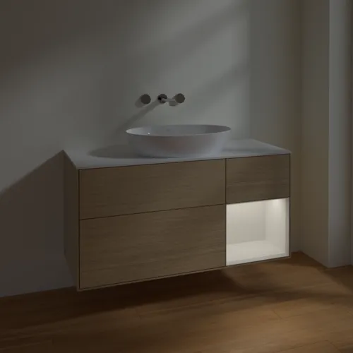 Bild von VILLEROY BOCH Finion Waschbeckenunterschrank, mit Beleuchtung, 3 Auszüge, 1200 x 603 x 501 mm, Oak Veneer / Glossy White Lacquer / Glass White Matt #FA71GFPC