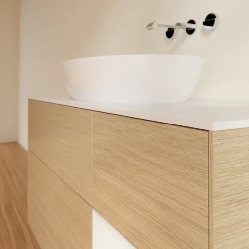 Bild von VILLEROY BOCH Finion Waschbeckenunterschrank, mit Beleuchtung, 3 Auszüge, 1200 x 603 x 501 mm, Oak Veneer / Glossy White Lacquer / Glass White Matt #FA71GFPC