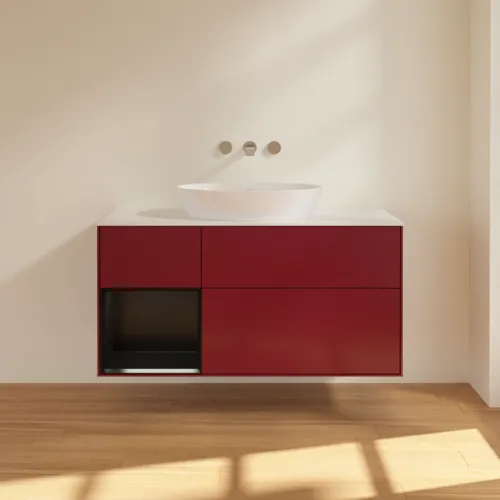 Bild von VILLEROY BOCH Finion Waschbeckenunterschrank, mit Beleuchtung, 3 Auszüge, 1200 x 603 x 501 mm, Peony Matt Lacquer / Black Matt Lacquer / Glass White Matt #FA61PDHB
