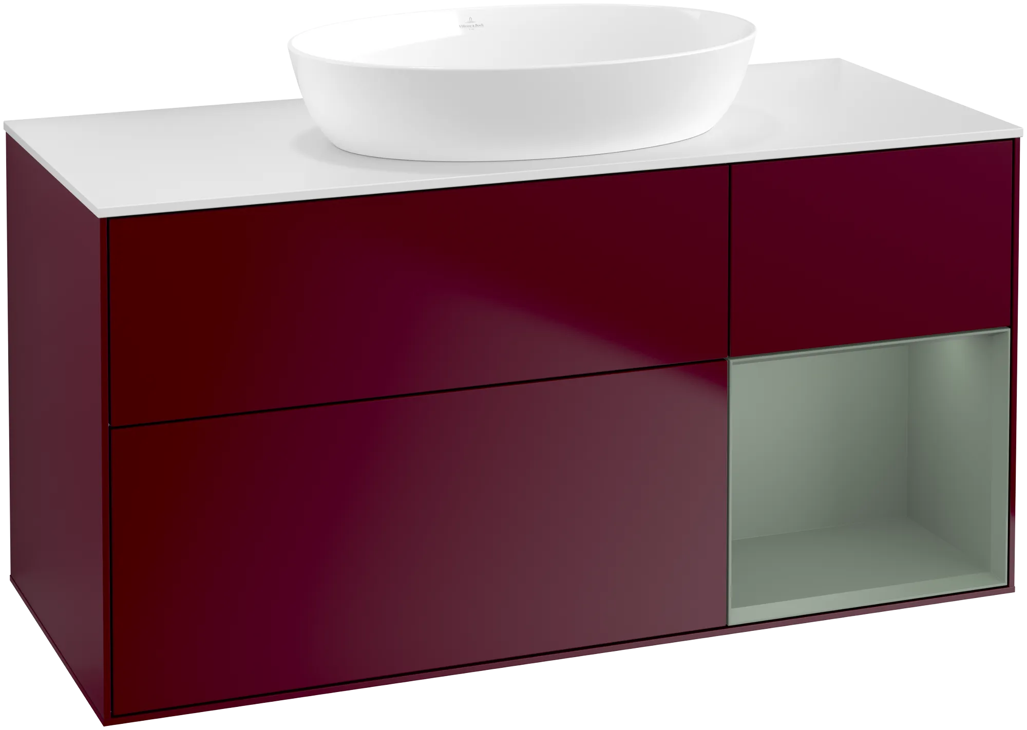 εικόνα του VILLEROY BOCH Finion Vanity unit, with lighting, 3 pull-out compartments, 1200 x 603 x 501 mm, Peony Matt Lacquer / Olive Matt Lacquer / Glass White Matt #FA71GMHB