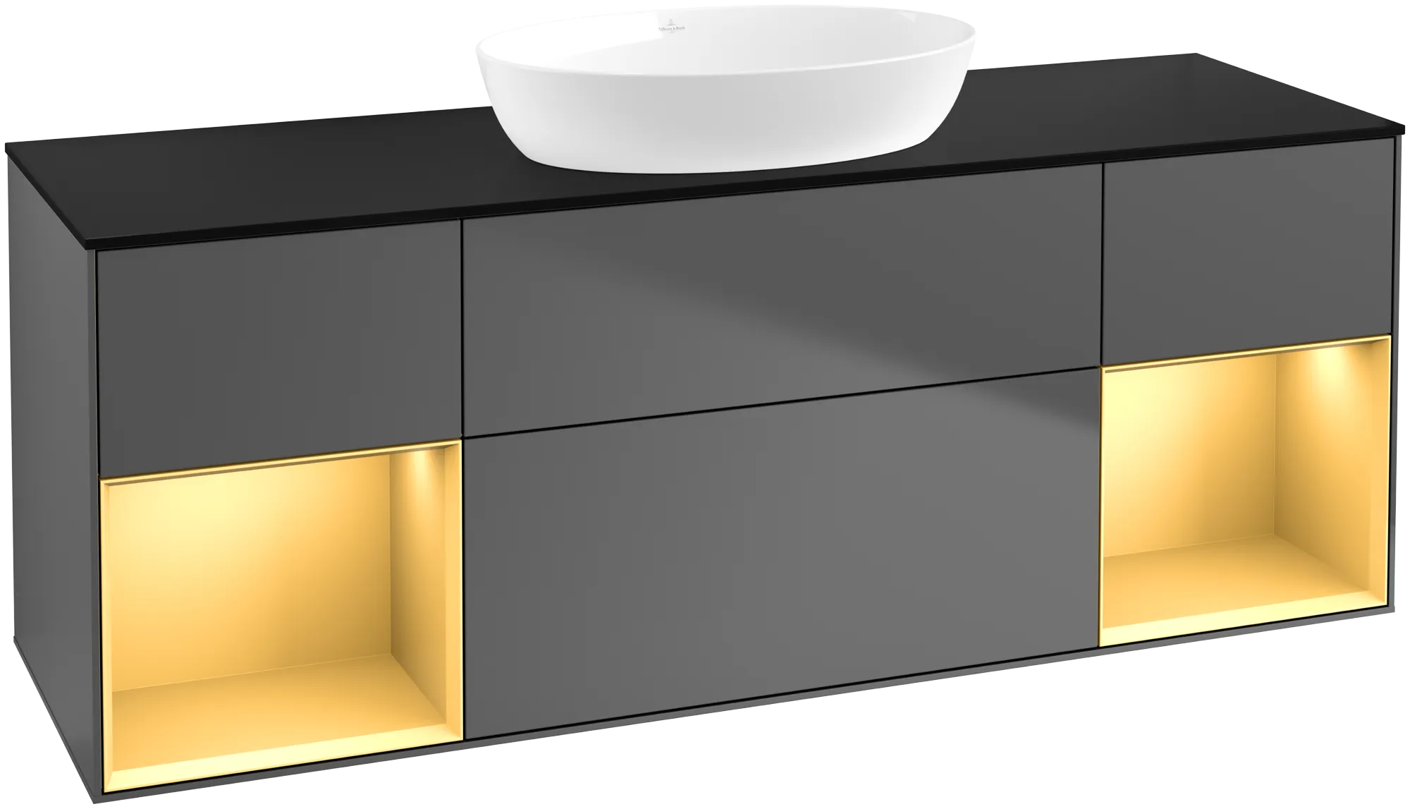 εικόνα του VILLEROY BOCH Finion Vanity unit, with lighting, 4 pull-out compartments, 1600 x 603 x 501 mm, Anthracite Matt Lacquer / Gold Matt Lacquer / Glass Black Matt #FD02HFGK