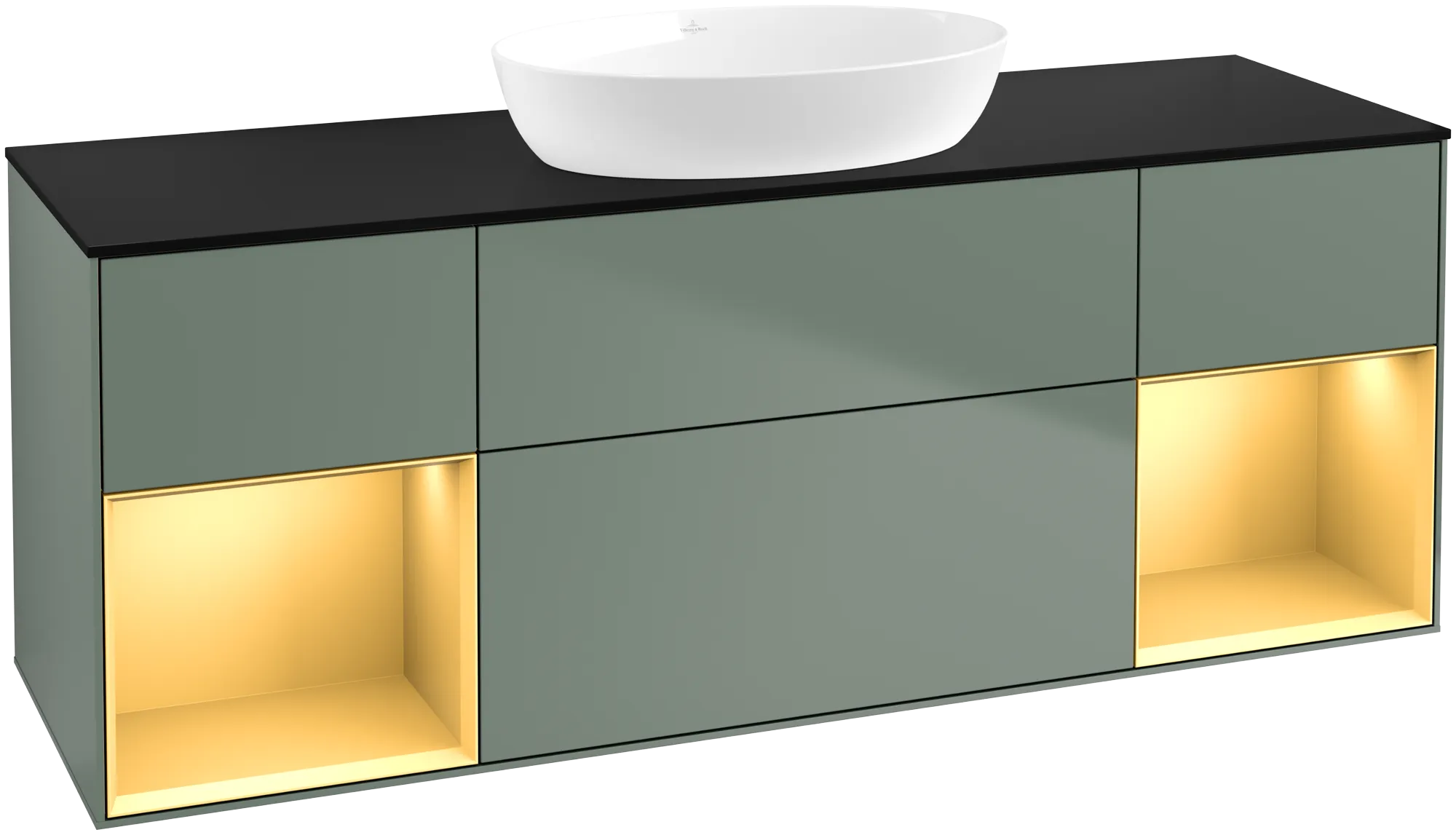 εικόνα του VILLEROY BOCH Finion Vanity unit, with lighting, 4 pull-out compartments, 1600 x 603 x 501 mm, Olive Matt Lacquer / Gold Matt Lacquer / Glass Black Matt #FD02HFGM