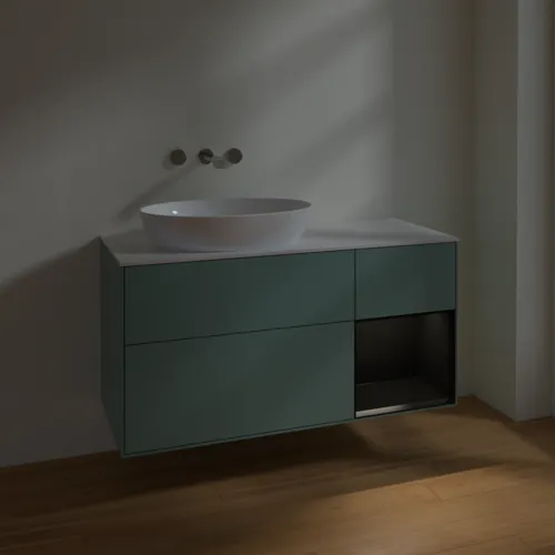 Bild von VILLEROY BOCH Finion Waschbeckenunterschrank, mit Beleuchtung, 3 Auszüge, 1200 x 603 x 501 mm, Olive Matt Lacquer / Black Matt Lacquer / Glass White Matt #FA51PDGM