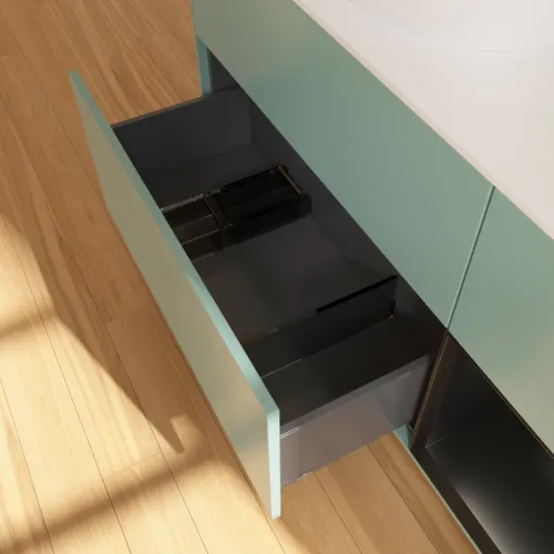 Bild von VILLEROY BOCH Finion Waschbeckenunterschrank, mit Beleuchtung, 3 Auszüge, 1200 x 603 x 501 mm, Olive Matt Lacquer / Black Matt Lacquer / Glass White Matt #FA51PDGM