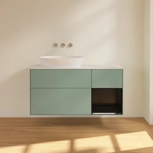 Bild von VILLEROY BOCH Finion Waschbeckenunterschrank, mit Beleuchtung, 3 Auszüge, 1200 x 603 x 501 mm, Olive Matt Lacquer / Black Matt Lacquer / Glass White Matt #FA51PDGM