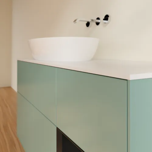 Bild von VILLEROY BOCH Finion Waschbeckenunterschrank, mit Beleuchtung, 3 Auszüge, 1200 x 603 x 501 mm, Olive Matt Lacquer / Black Matt Lacquer / Glass White Matt #FA51PDGM