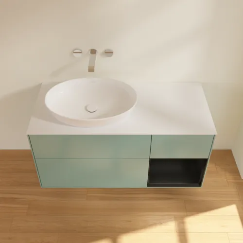 Bild von VILLEROY BOCH Finion Waschbeckenunterschrank, mit Beleuchtung, 3 Auszüge, 1200 x 603 x 501 mm, Olive Matt Lacquer / Black Matt Lacquer / Glass White Matt #FA51PDGM
