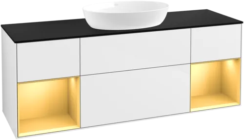 εικόνα του VILLEROY BOCH Finion Vanity unit, with lighting, 4 pull-out compartments, 1600 x 603 x 501 mm, Glossy White Lacquer / Gold Matt Lacquer / Glass Black Matt #FD02HFGF